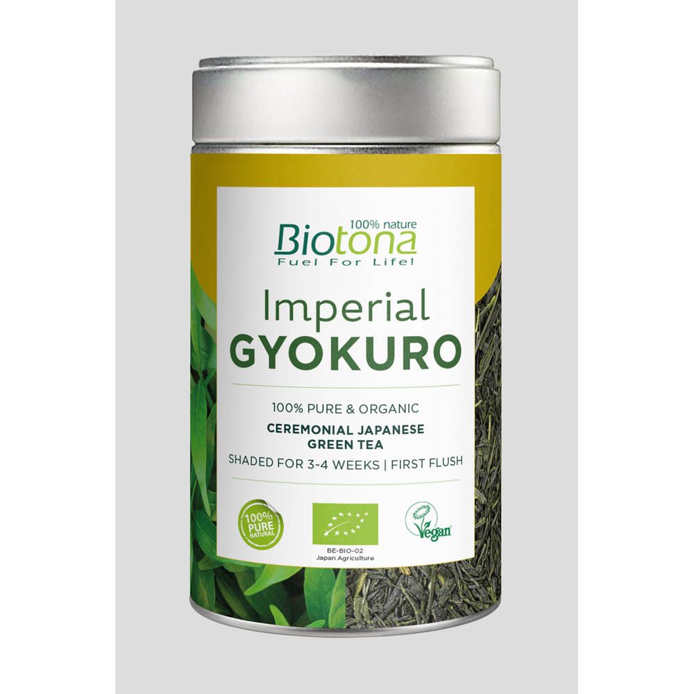 Boîte verte avec étiquette jaune. Inscription: Biotona Imperial Gyokuro. 100% thé vert japonais pur et biologique.