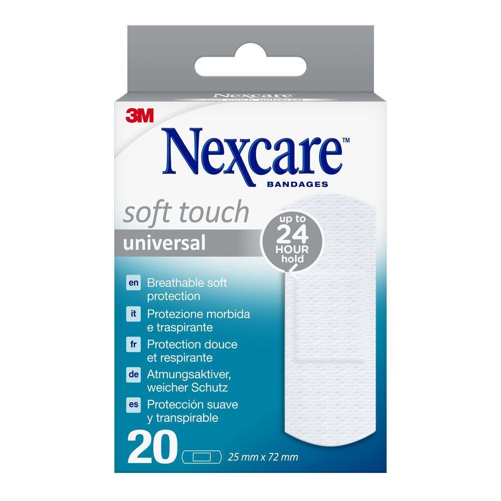 Boîte de pansements Nexcare Soft Touch Universal. 20 unités, 25 mm x 72 mm. 'Jusqu'à 24 heures'.