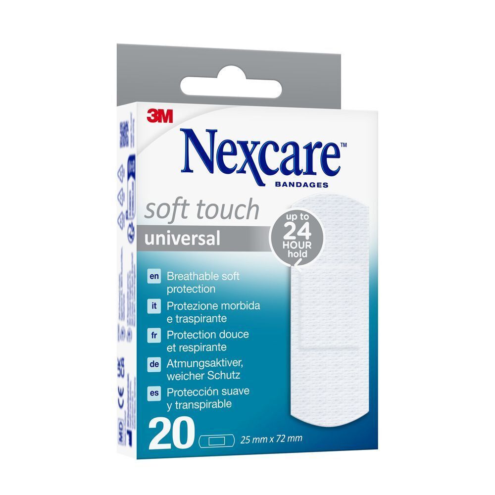 Boîte de pansements Nexcare Soft Touch Universal. 20 unités, 25 mm x 72 mm. 'Jusqu'à 24 heures'.