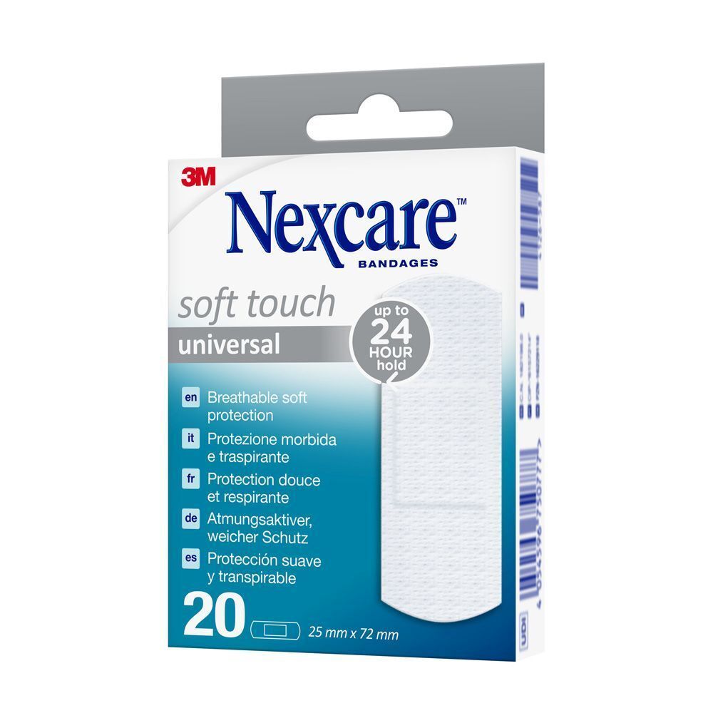 Boîte de pansements Nexcare Soft Touch Universal. 20 unités, 25 mm x 72 mm. 'Jusqu'à 24 heures'.