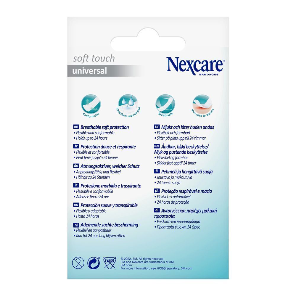 Dos de la boîte de pansements Nexcare Soft Touch Universal. Informations et logos.