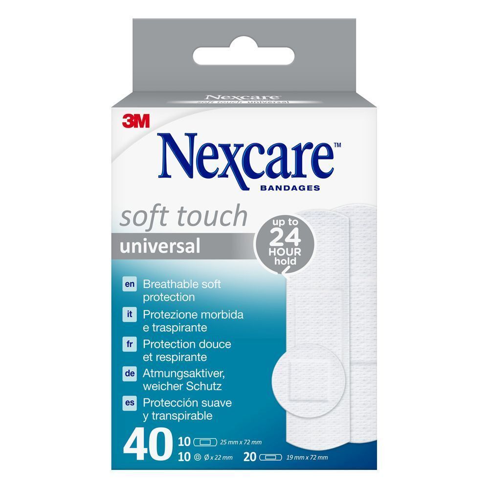 Boîte de pansements Nexcare Soft Touch Universal. 40 pansements, tenue jusqu'à 24 heures.