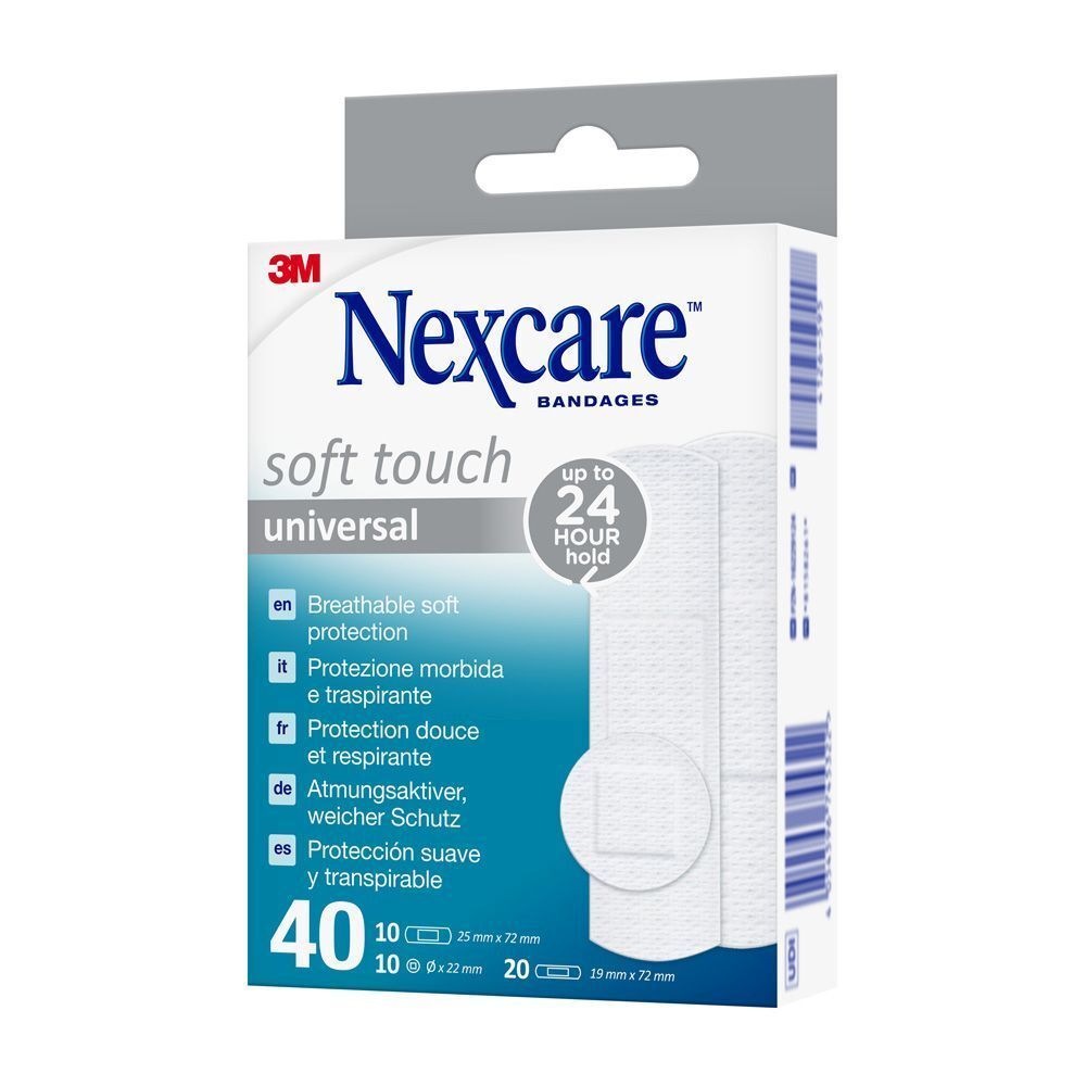 Boîte de pansements Nexcare Soft Touch Universal. 40 pansements, tenue jusqu'à 24 heures.