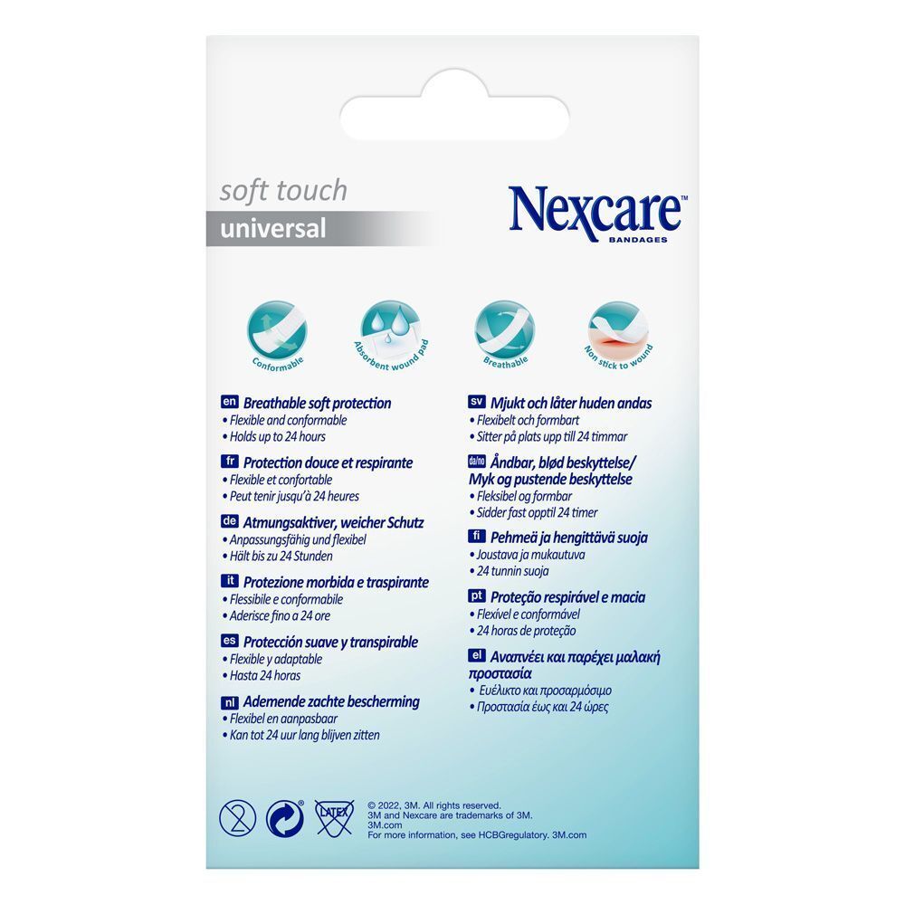Boîte de pansements Nexcare Soft Touch Universal. 40 pansements, tenue jusqu'à 24 heures.