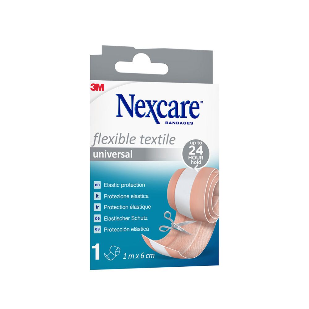 Boîte de pansements Nexcare Flexible Textile Universal. Rouleau beige avec ciseaux. 1 m x 6 cm.