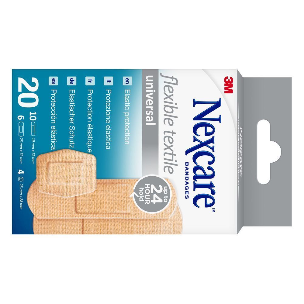 Nexcare Flexibles Textil Universal. Boîte avec pansements de différentes tailles. 20 pièces.