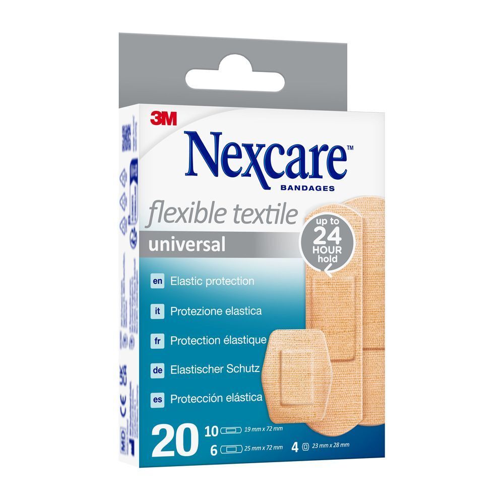 Nexcare Flexibles Textil Universal. Boîte avec pansements de différentes tailles. 20 pièces.