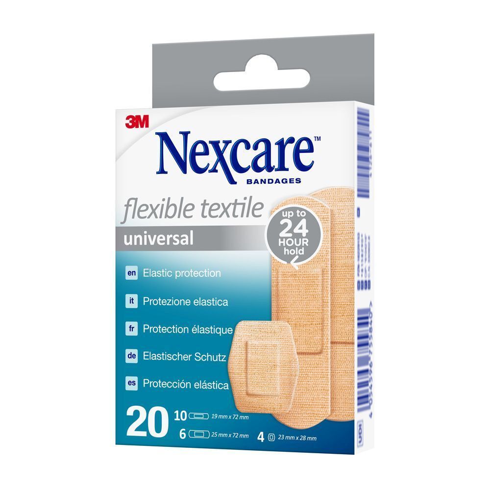 Nexcare Flexibles Textil Universal. Boîte avec pansements de différentes tailles. 20 pièces.