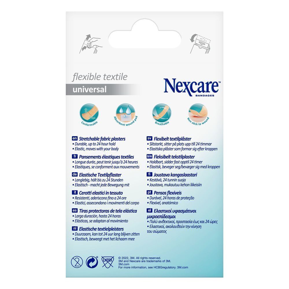 Nexcare Flexibles Textil Universal. Boîte avec pansements de différentes tailles. 20 pièces.