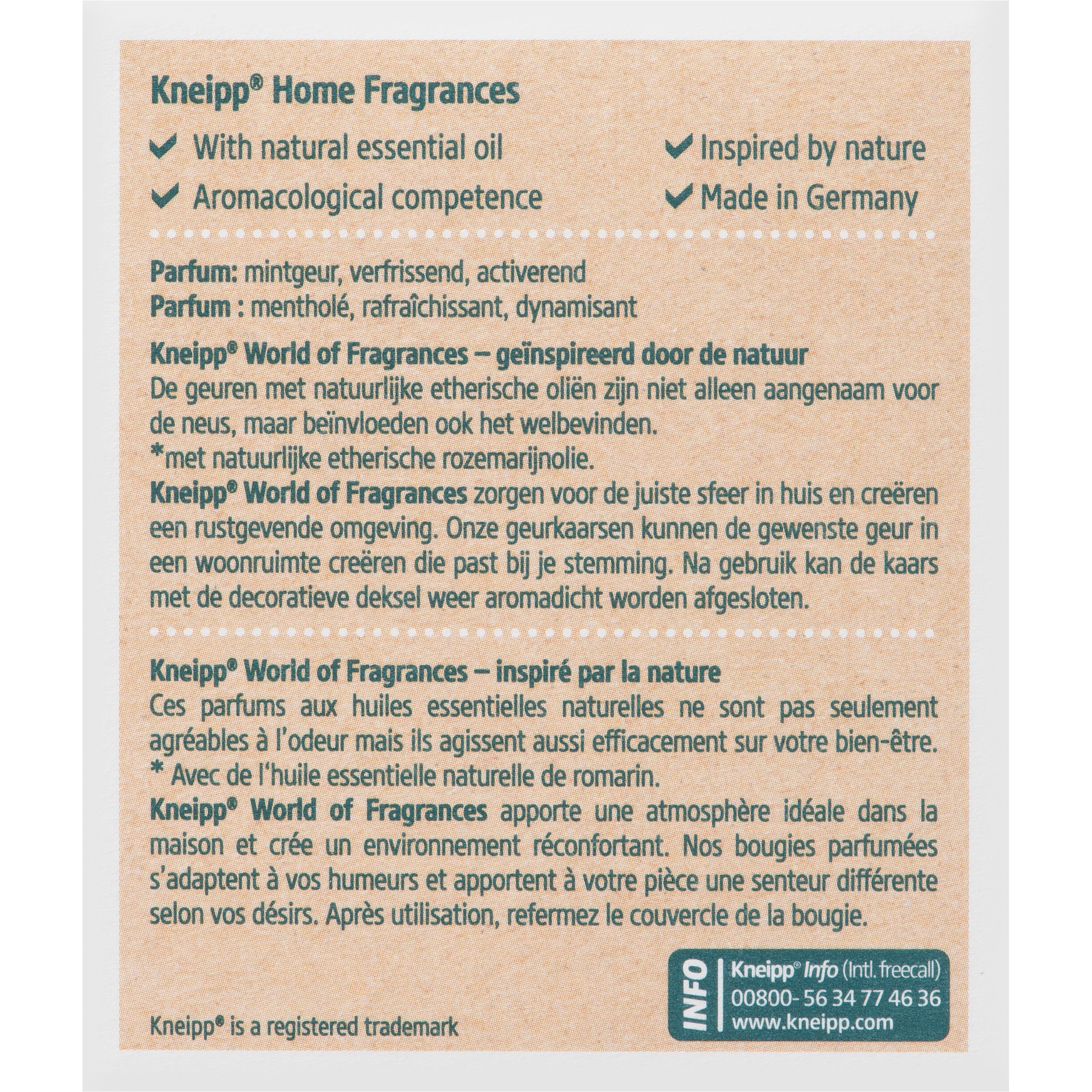 Bougie parfumée Kneipp® Goodbye Stress Menthe aquatique Romarin. Emballage blanc, couvercle en bois. Inscription: Nature.