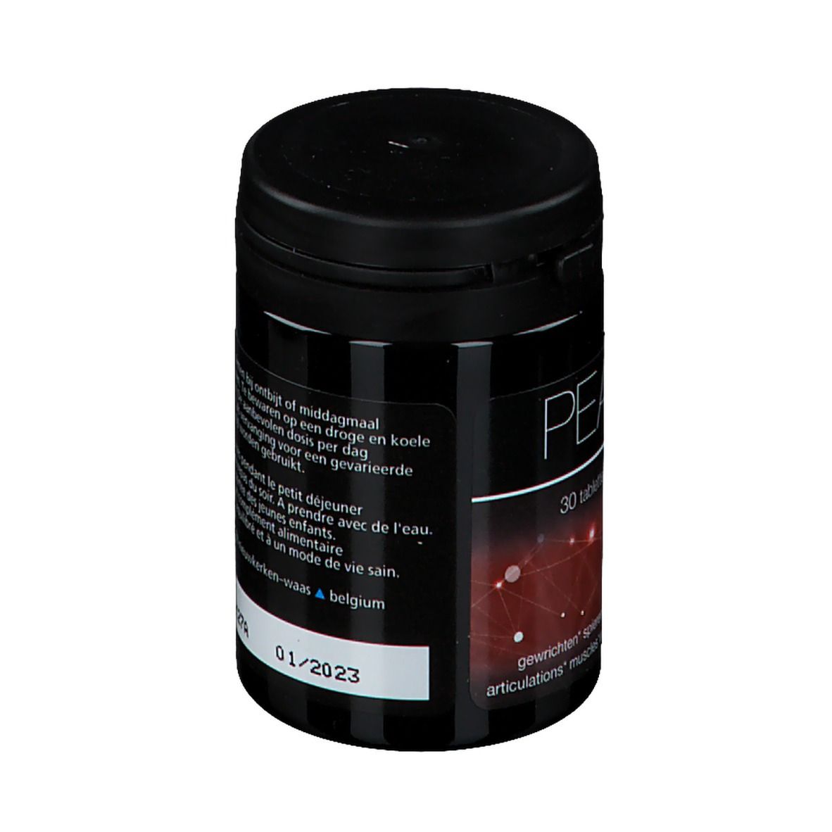 Boîte noire avec étiquette PEA-ixX PLUS. Dos avec texte et date de péremption 01/2023. Fond rouge.