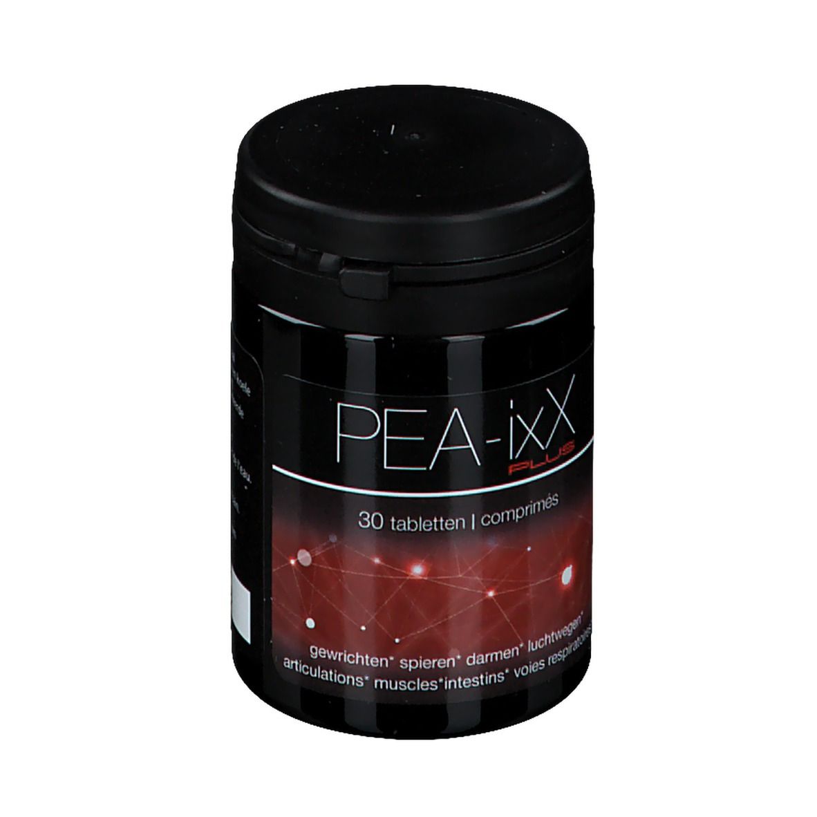 Boîte noire avec étiquette PEA-ixX PLUS. 30 comprimés. Fond rouge avec lignes blanches. Texte: muscles, intestins, voies respiratoires.