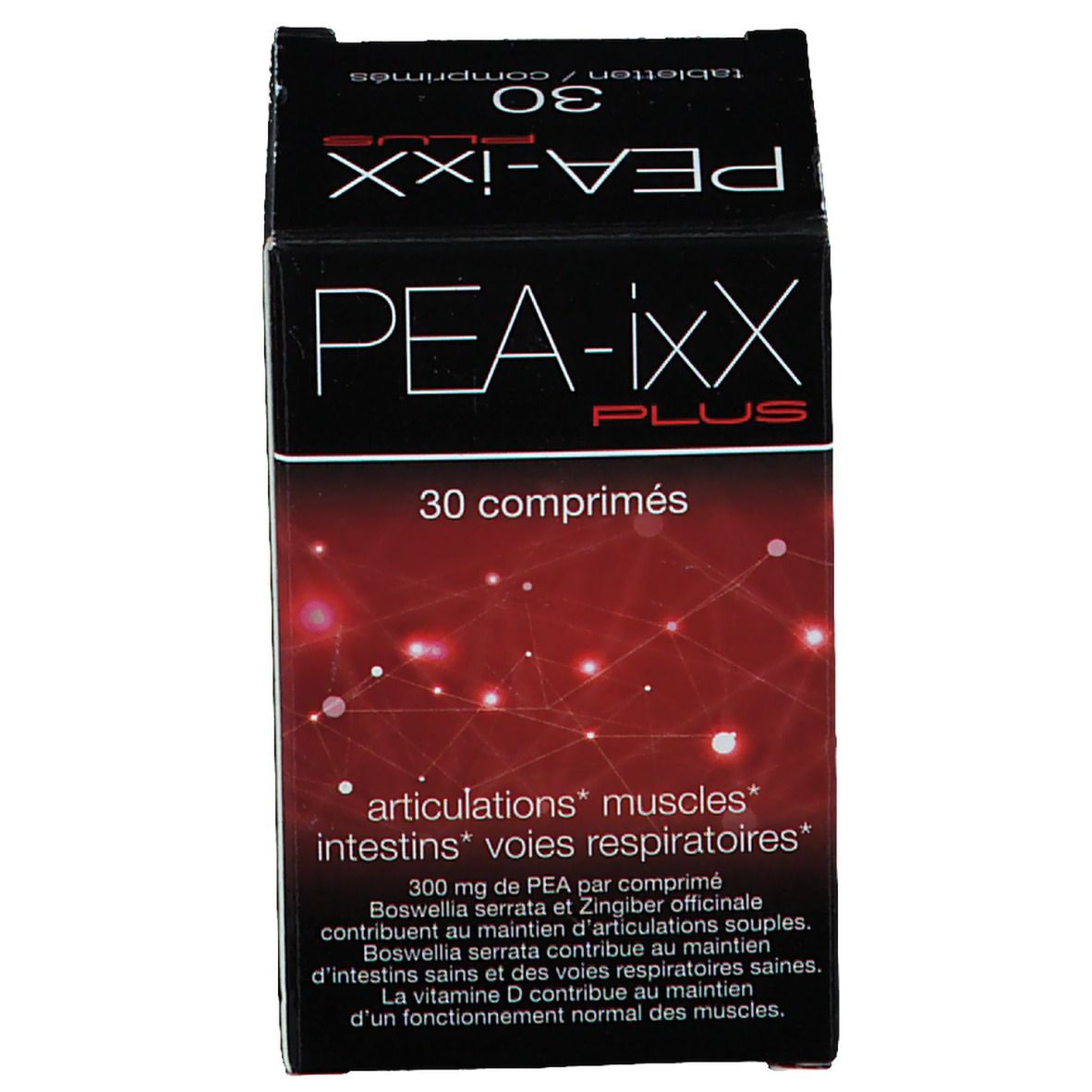 Boîte noire avec PEA-ixX PLUS. 30 comprimés. Fond rouge. Texte: articulations, muscles, intestins, voies respiratoires. Ingrédients.