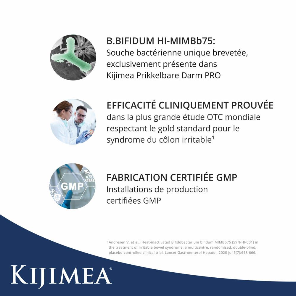 Kijimea. Texte: B.Bifidum HI-MIMBb75, souche bactérienne unique. Efficacité prouvée. Fabrication certifiée GMP.