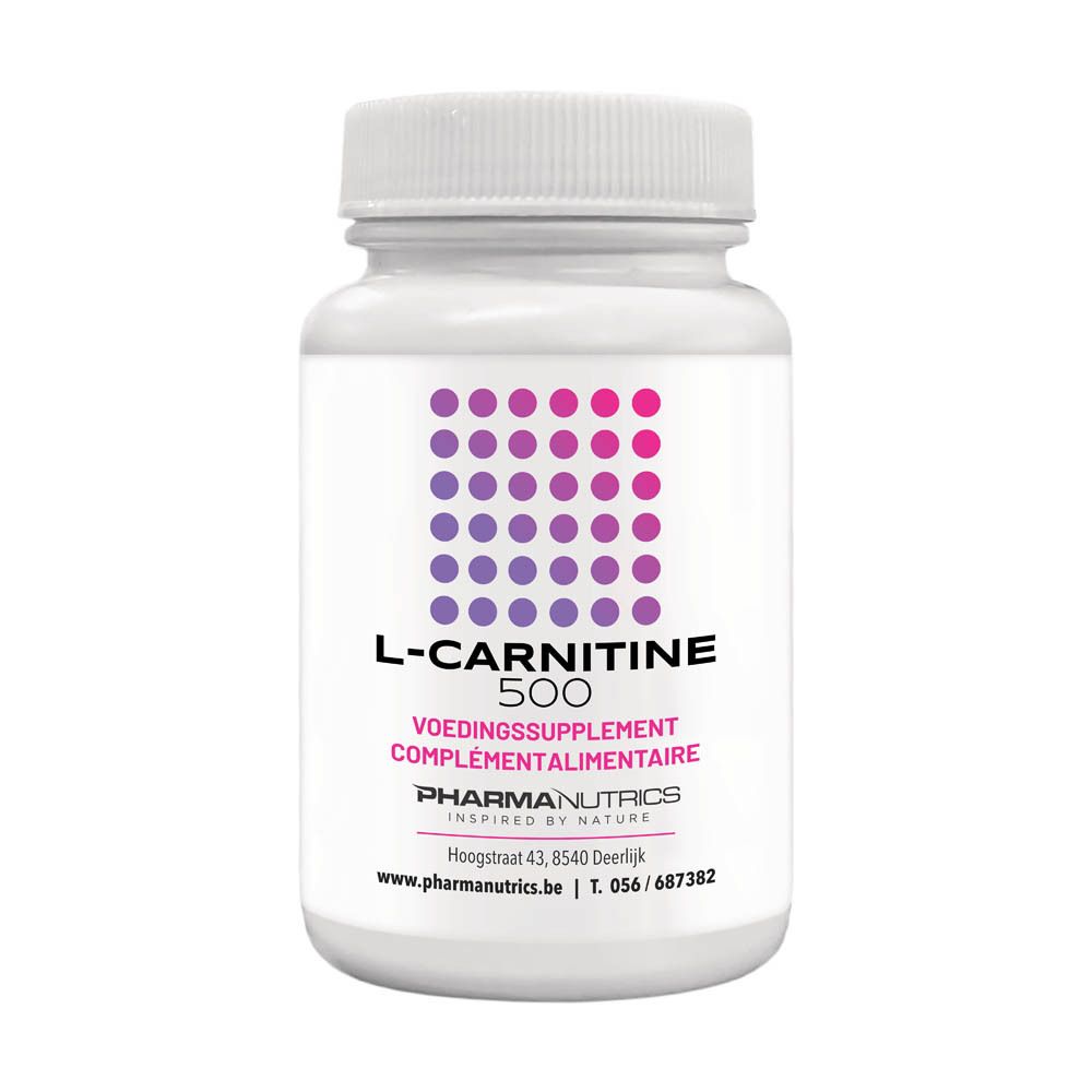 Flacon blanc avec L-Carnitine 500. Points violets et roses. Texte: PHARMANUTRICS, L-CARNITINE 500, Voedingssupplement, Complement alimentaire.