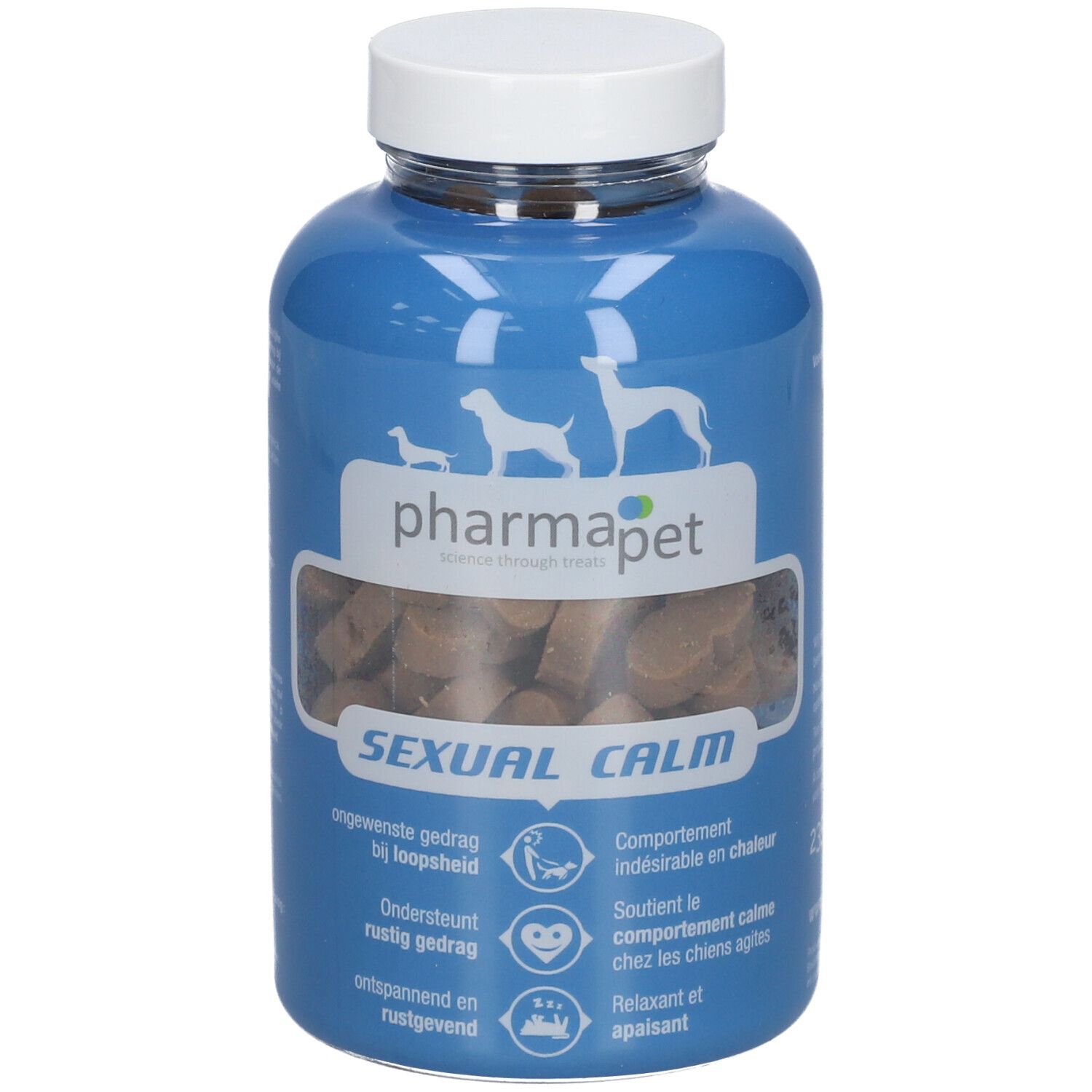 Flacon bleu avec couvercle blanc. Contient des friandises marron. Inscription : Pharma Pet, Sexual Calm.