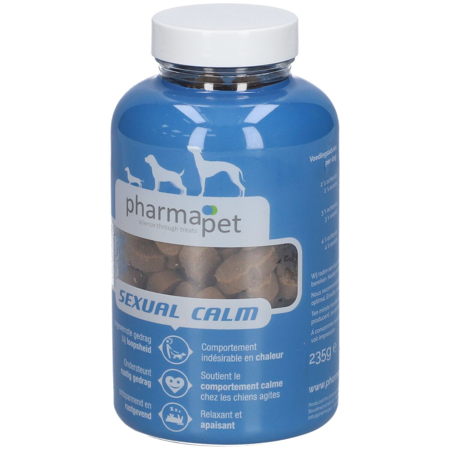Flacon bleu avec couvercle blanc. Contient des friandises marron. Inscription : Pharma Pet, Sexual Calm.
