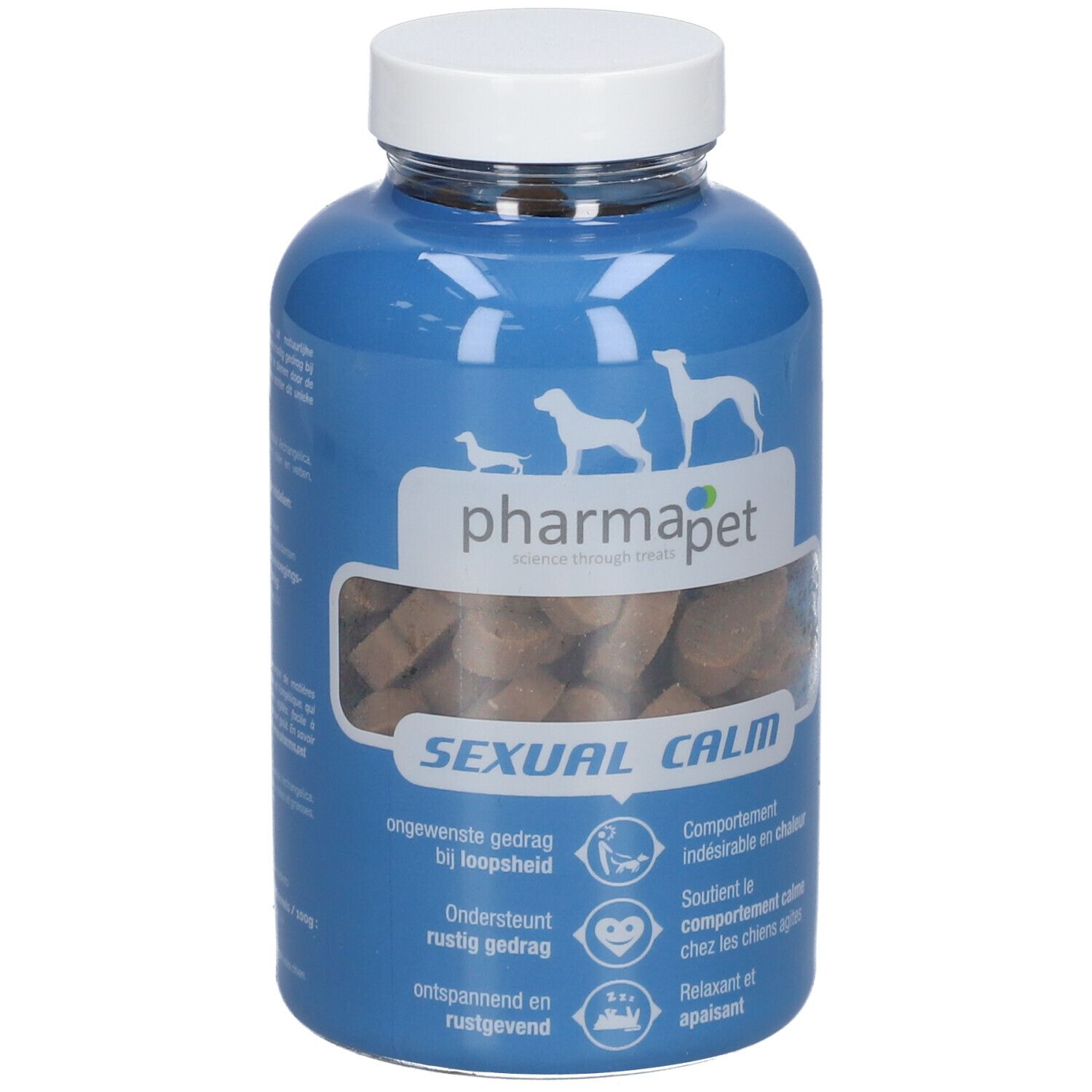 Flacon bleu avec couvercle blanc. Contient des friandises marron. Inscription : Pharma Pet, Sexual Calm.