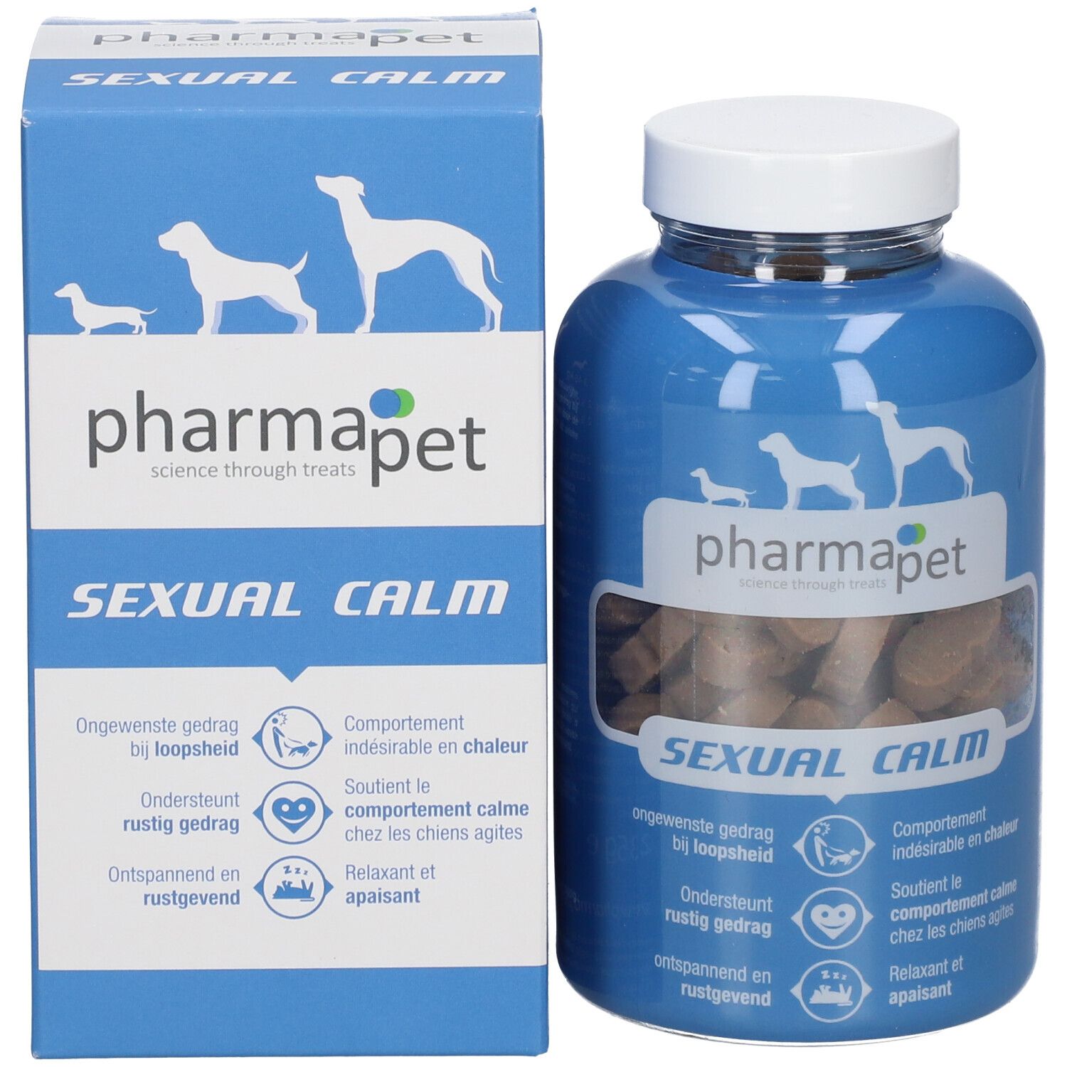 Emballage du produit avec flacon et boîte. Inscription : Pharma Pet, Sexual Calm. Contient des friandises marron.