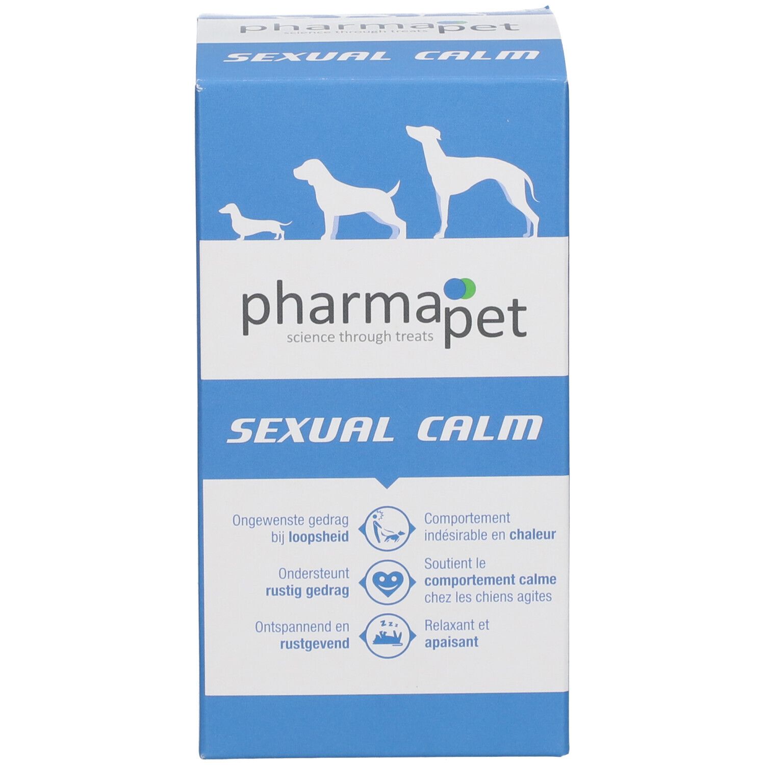 Emballage du produit. Inscription : Pharma Pet, Sexual Calm. Contient des informations sur le produit.