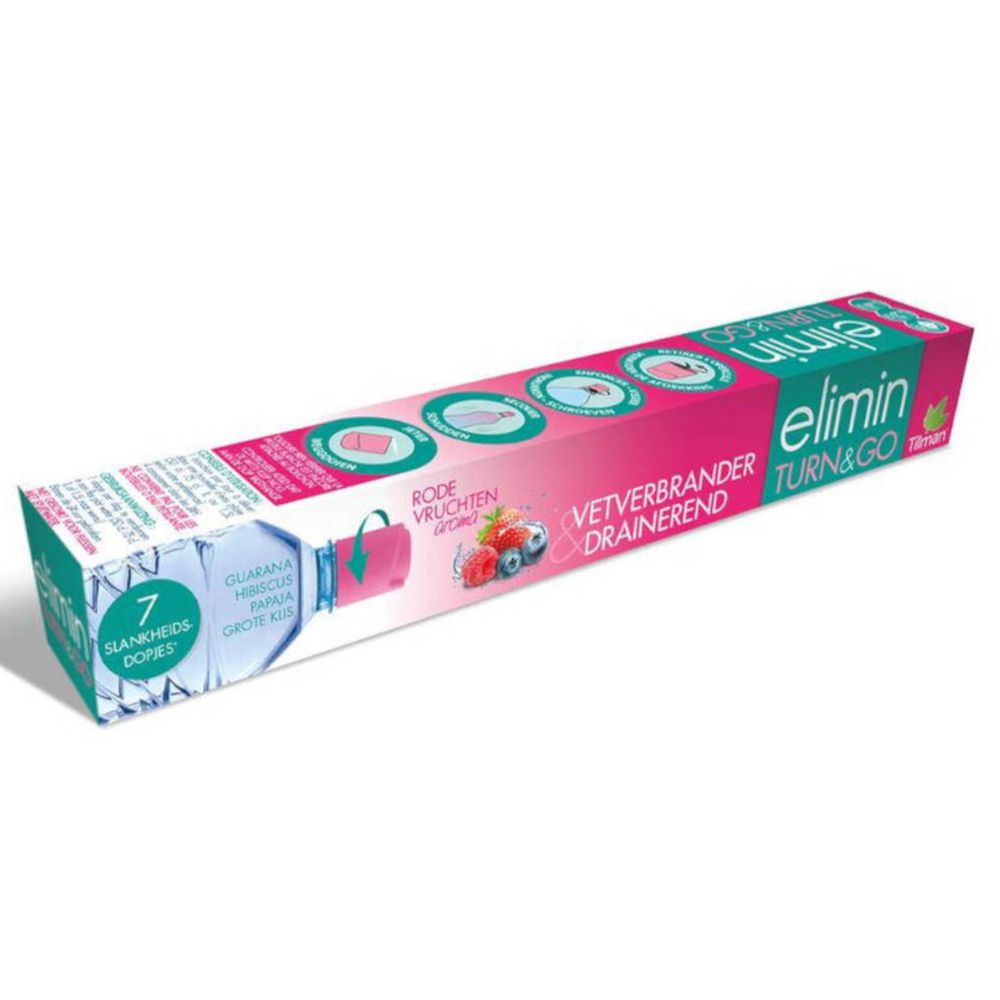 Emballage long et rectangulaire. Rose et blanc avec nom du produit et illustrations de fruits. Texte: Fruits rouges, Brûleur & Draineur.