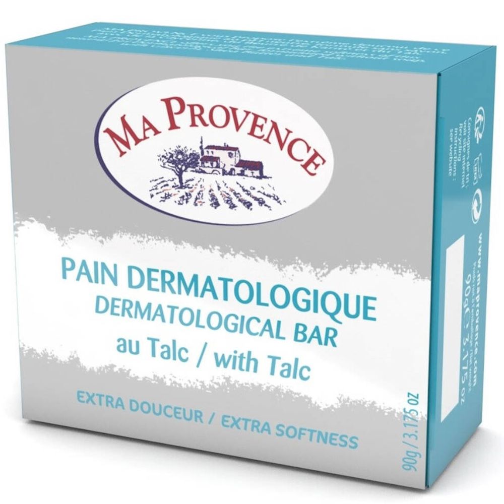 Boîte de MA PROVENCE® Dermatologisches Seife. Emballage gris et bleu. Texte: Pain Dermatologique au Talc.