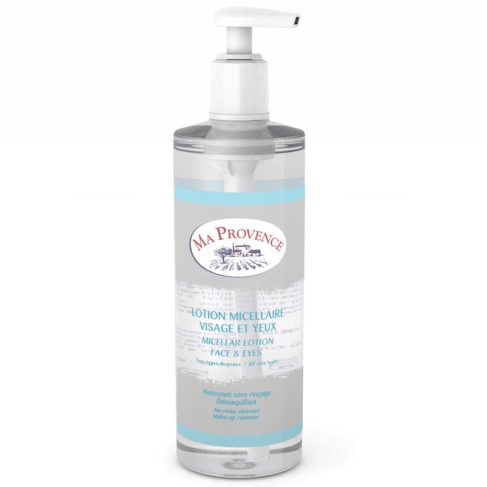 Flacon transparent avec pompe blanche. Étiquette avec nom du produit et logo. Bandes bleues.