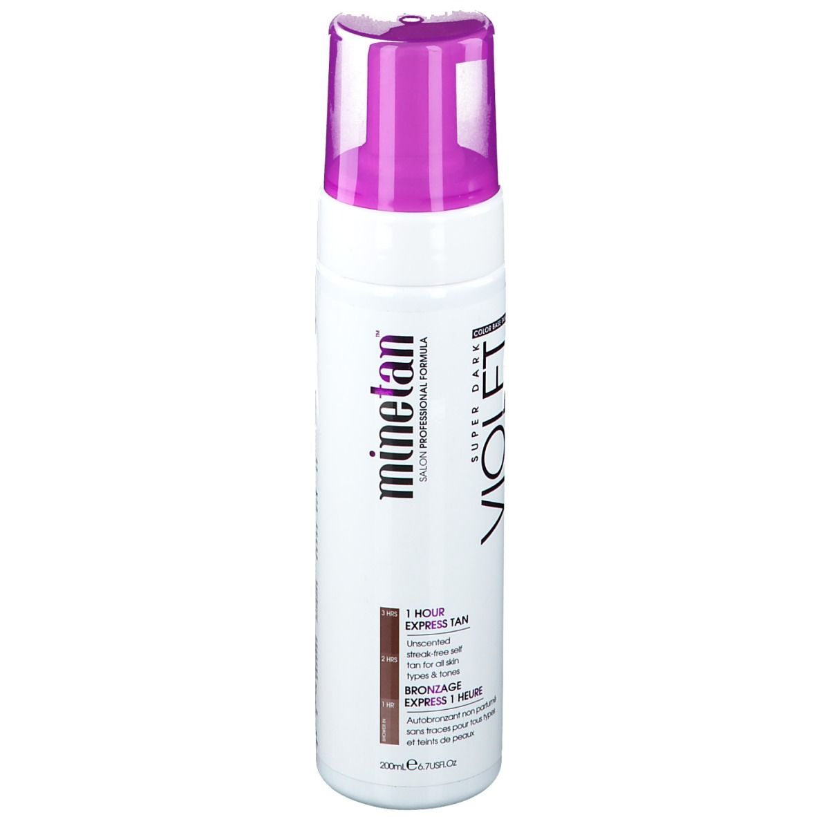 Flacon blanc avec bouchon violet, MInetan Violet Super Dark Express Tan, 200ml.