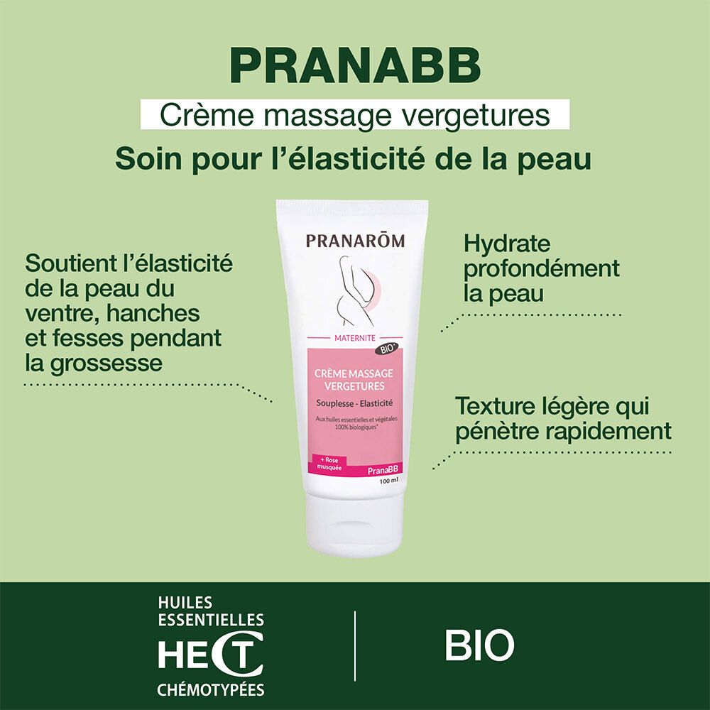 Pranarôm PranaBB Crème. Crème de massage grossesse. Soutient l'élasticité de la peau. Certification bio.