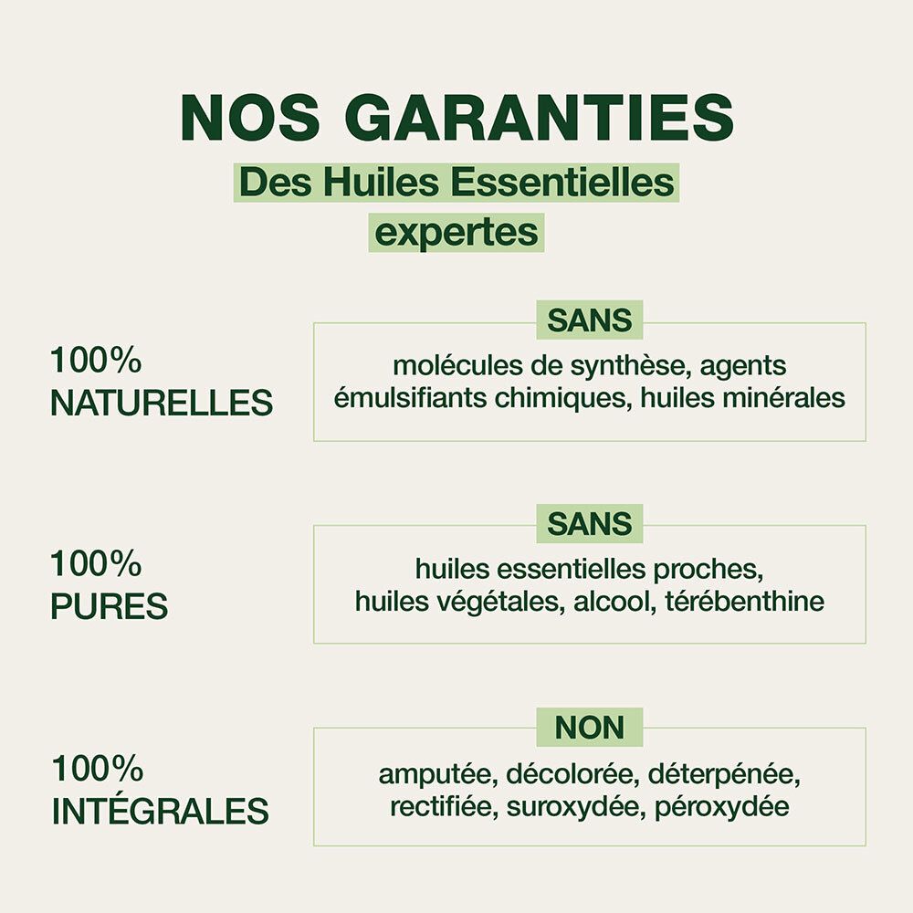 Garanties des huiles essentielles. 100% naturelles, pures et intégrales. Sans molécules synthétiques.