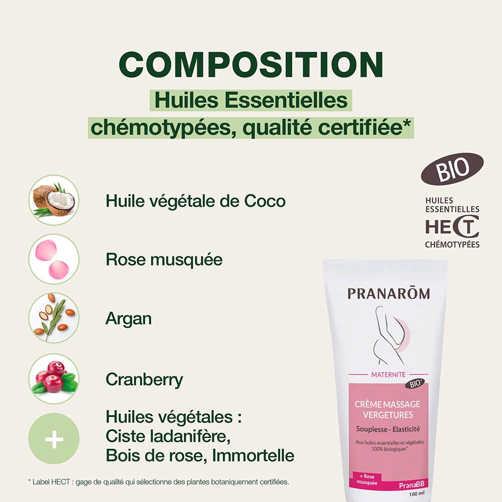 Composition. Huiles essentielles. Huile de coco, rose musquée, argan, canneberge. Certification bio.