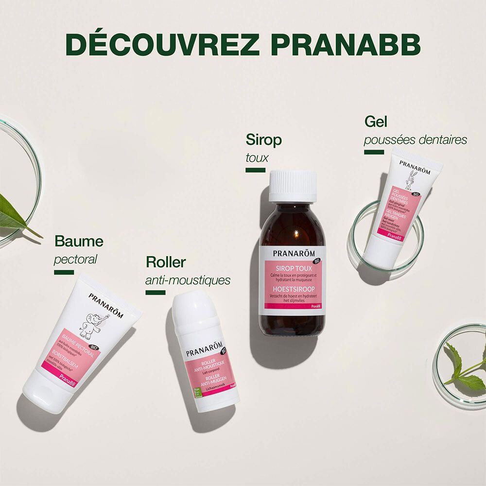 Produits Pranarôm PranaBB. Baume, roller, sirop toux, gel poussées dentaires. Pour bébés et enfants.