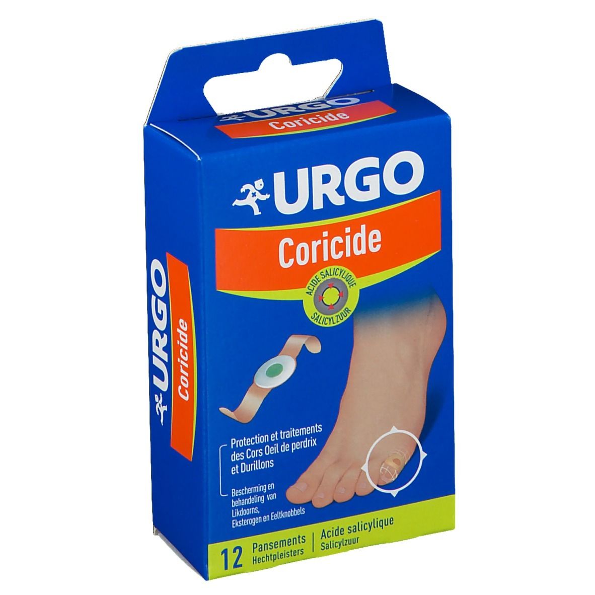 Boîte bleu-orange URGO Coricide. Illustration d'un pied avec cor et pansement. 12 pansements.