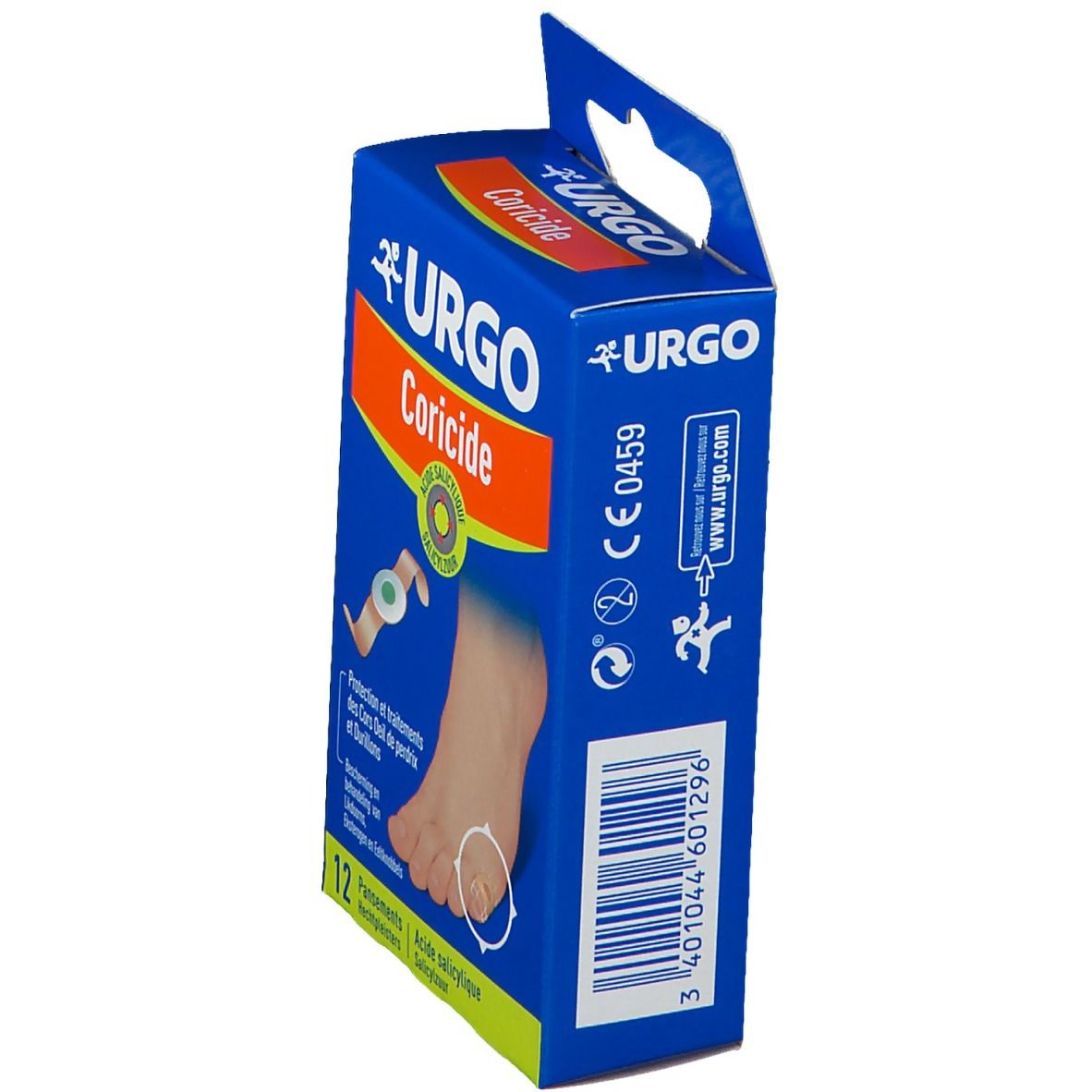 Boîte bleue URGO Coricide, vue latérale. Logo, nom du produit, illustration pied et pansement. 12 pansements.