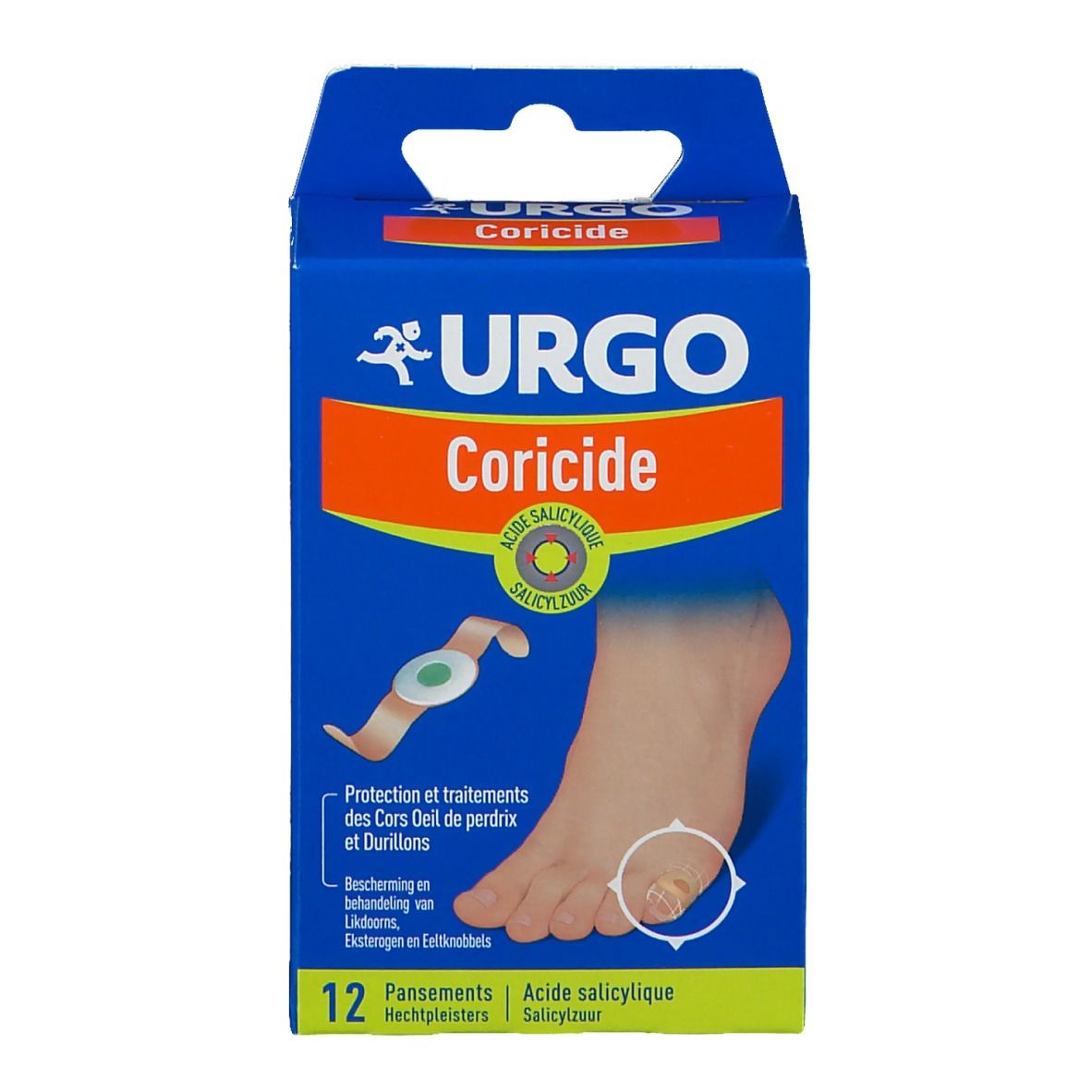 Boîte bleue URGO Coricide. Logo, nom du produit, illustration pied et pansement. 12 pansements.