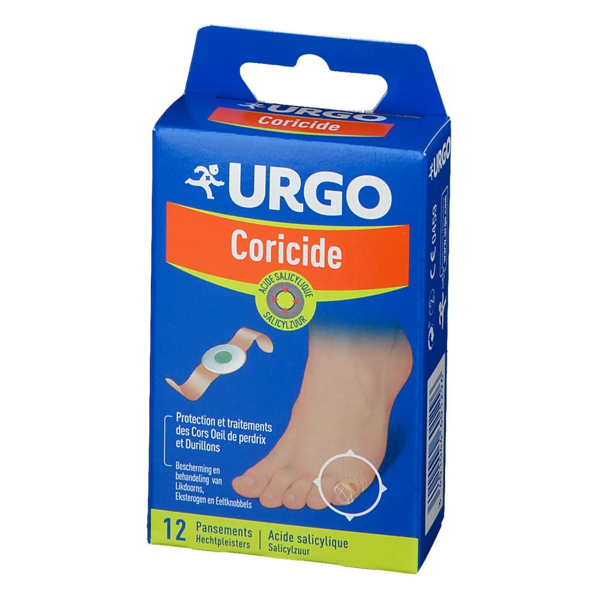 Boîte bleue URGO Coricide. Logo, nom du produit, illustration pied et pansement. 12 pansements.