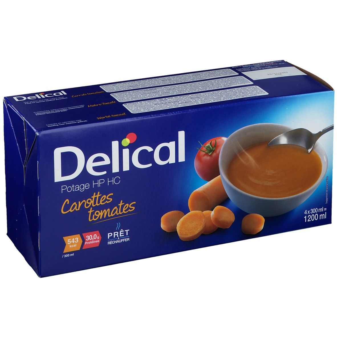 Boîte bleue Delical Potage HP HC Carottes tomates. Illustration de soupe, carottes et tomate. 4x300ml.