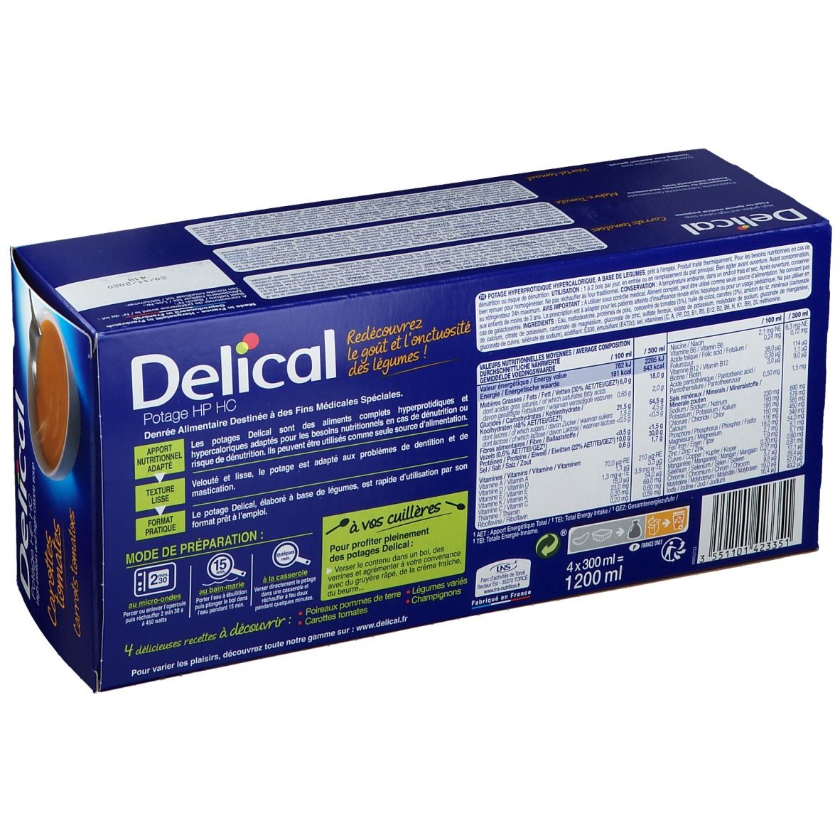 Dos de la boîte bleue avec texte et informations nutritionnelles. Logo Delical en haut à droite. 4x300ml.