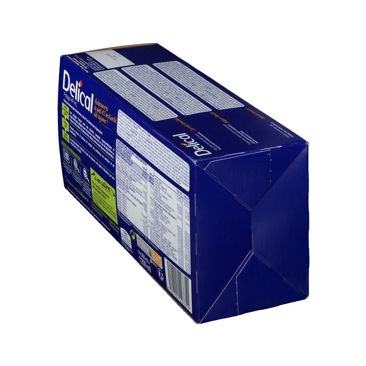 Boîte bleue vue en biais du bas. Logo Delical et texte sur le devant. 4x300ml.