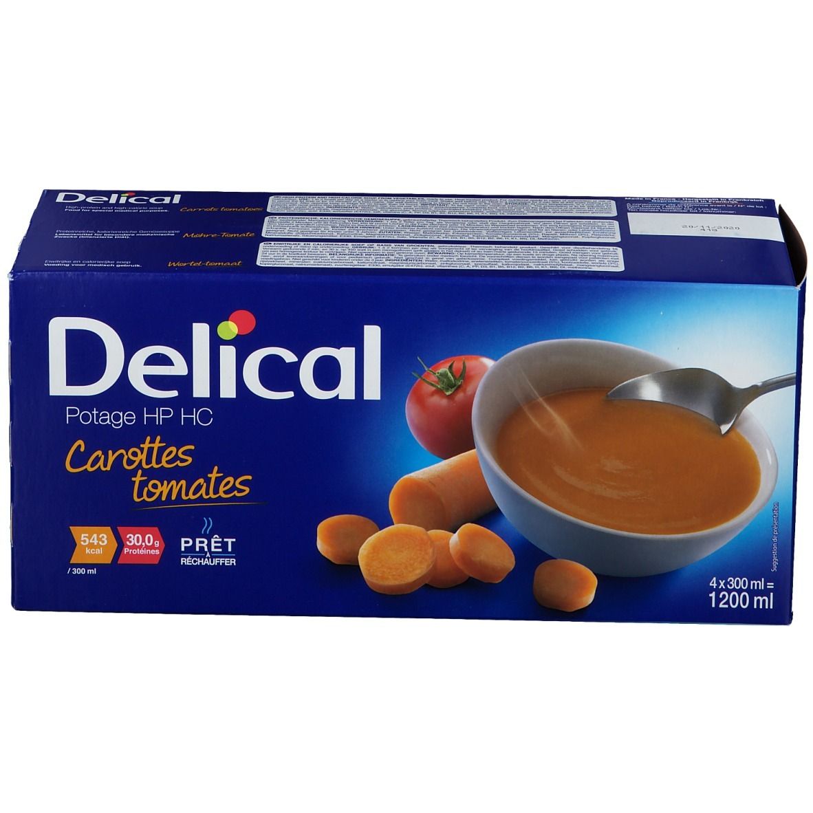 Boîte bleue Delical Potage HP HC Carottes tomates. Illustration de soupe, carottes et tomate. 4x300ml.