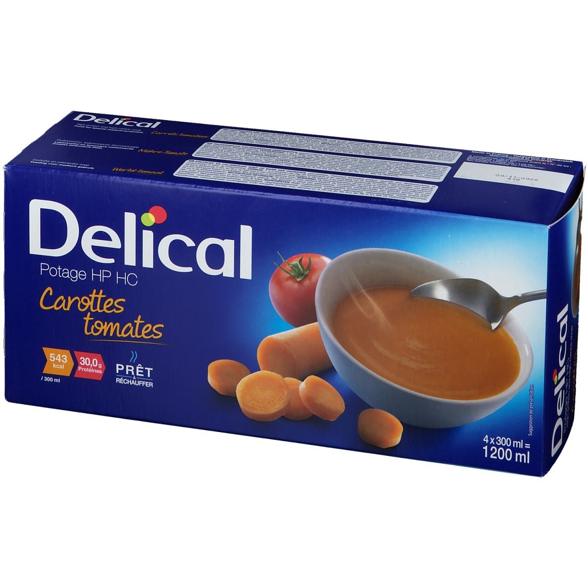 Boîte bleue Delical Potage HP HC Carottes tomates. Illustration de soupe, carottes et tomate. 4x300ml.
