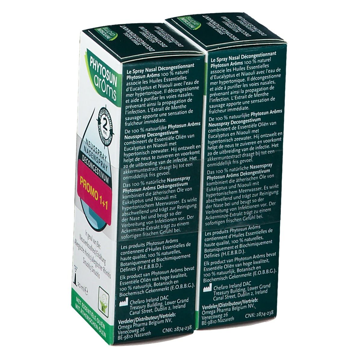 Dos de deux boîtes de Phytosun Aroms Spray Nasal Décongestionnant. Texte en allemand et français. Contient des huiles essentielles. 20 ml. Promo 1+1.