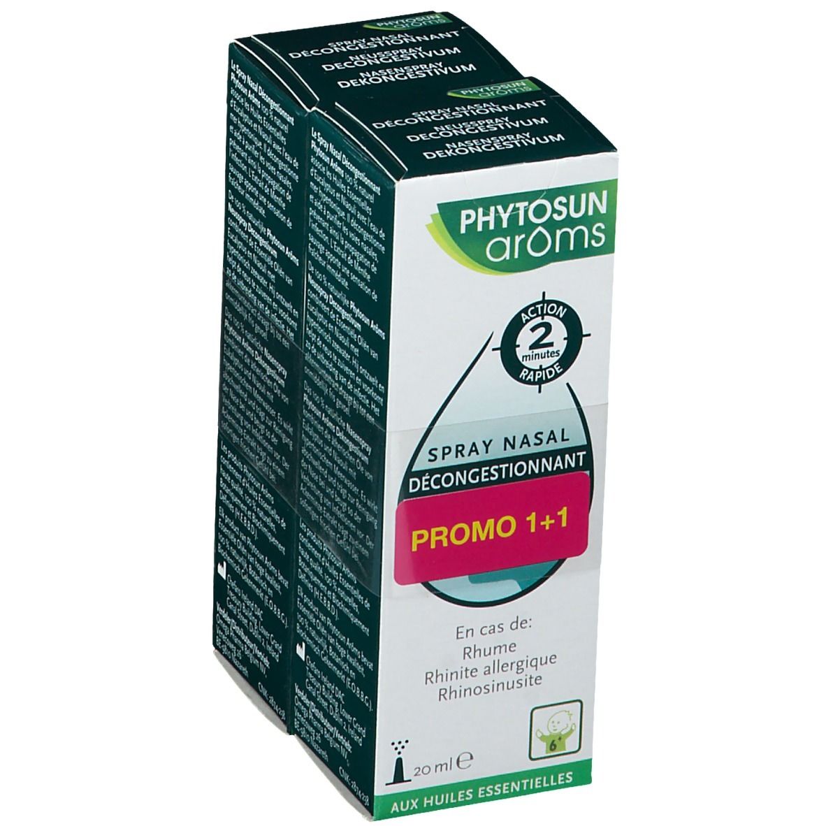 Deux boîtes de Phytosun Aroms Spray Nasal Décongestionnant. Promo 1+1. Pour rhume, rhinite allergique, rhinosinusite. 20 ml. Contient des huiles essentielles.