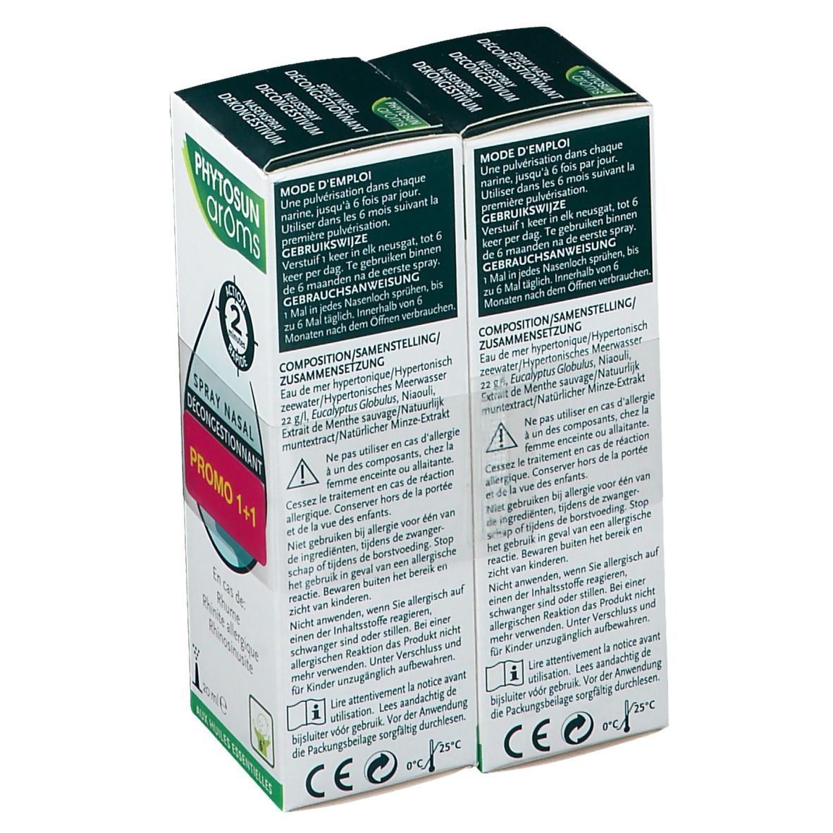 Dos de deux boîtes de Phytosun Aroms Spray Nasal Décongestionnant. Mode d'emploi. Composition. 20 ml. Promo 1+1. Contient des huiles essentielles.