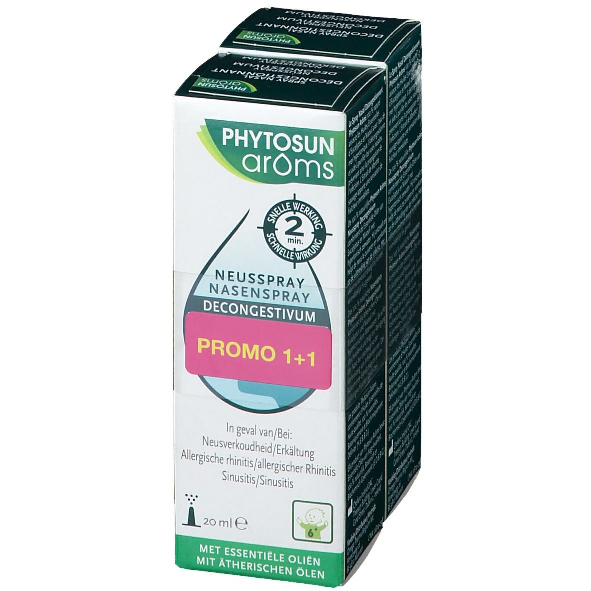 Phytosun Aroms Spray Nasal Décongestionnant. Promo 1+1. Pour rhume, rhinite allergique, rhinosinusite. 20 ml. Contient des huiles essentielles.