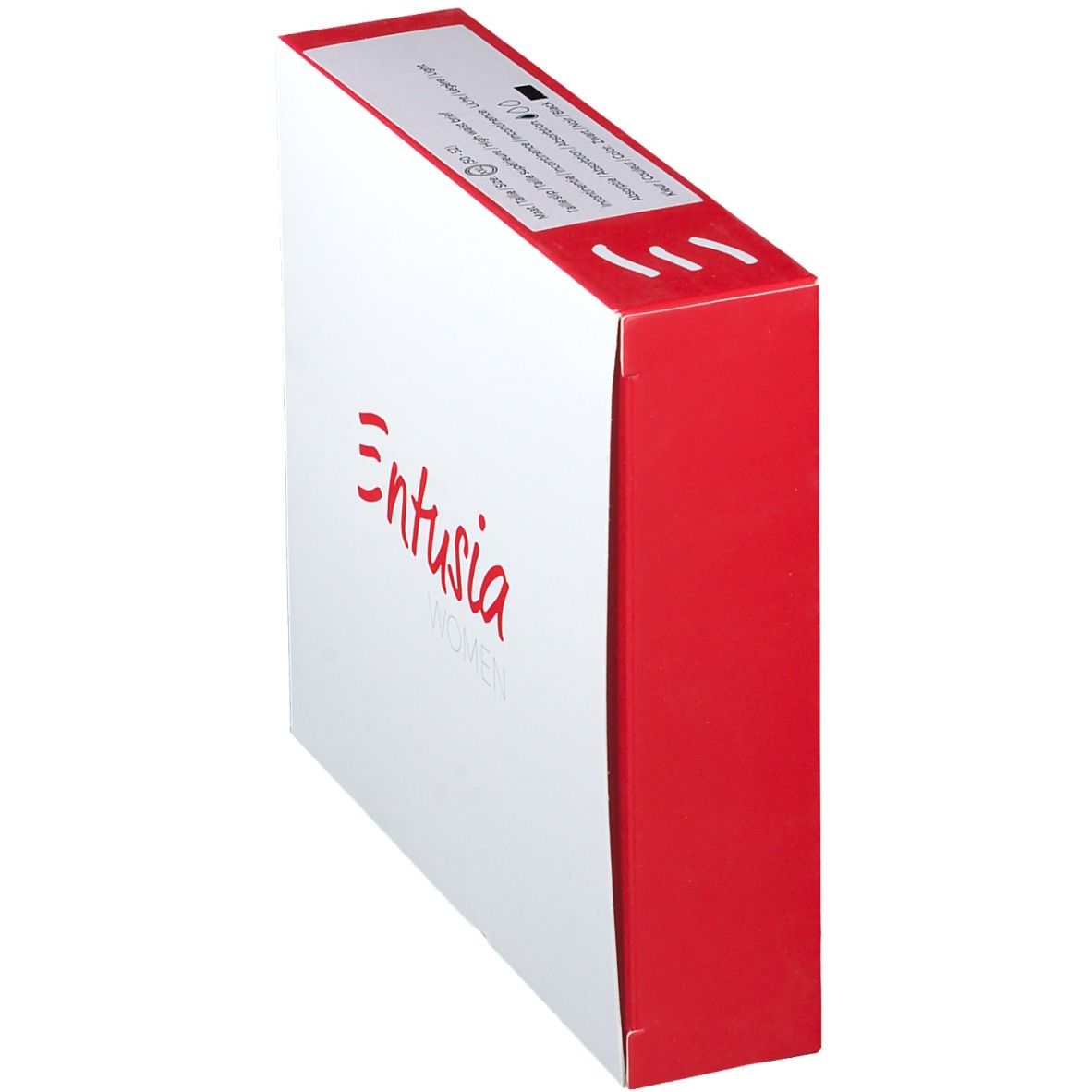 Boîte blanche inclinée avec côté rouge. Inscription rouge "Entusia WOMEN" sur le devant.