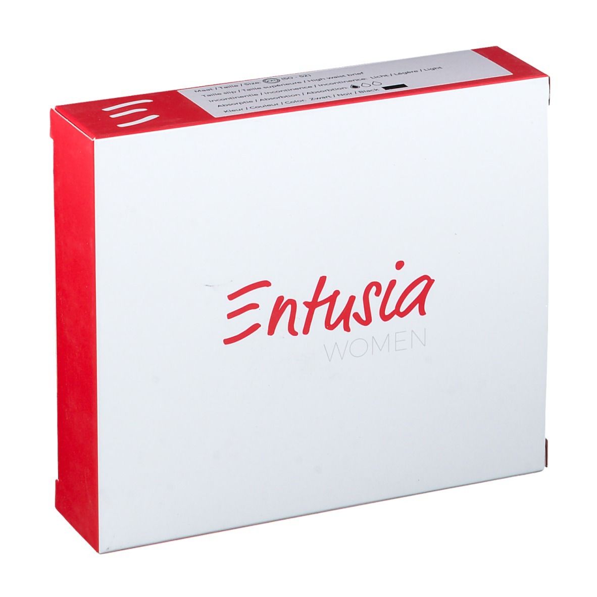Boîte blanche avec dessus et côtés rouges. "Entusia WOMEN" en rouge sur le devant.