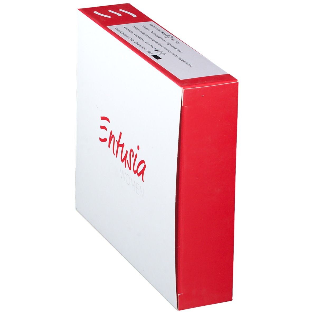 Boîte blanche inclinée avec côté rouge. Inscription rouge "Entusia WOMEN" sur le devant.