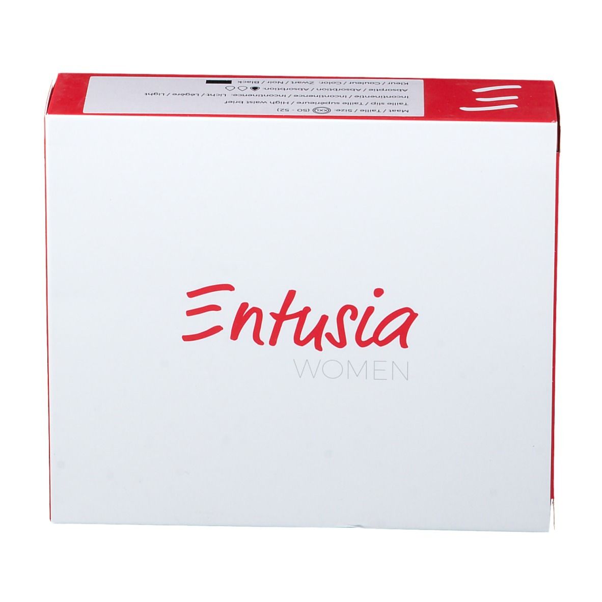 Boîte blanche avec dessus et côtés rouges. "Entusia WOMEN" en rouge sur le devant.