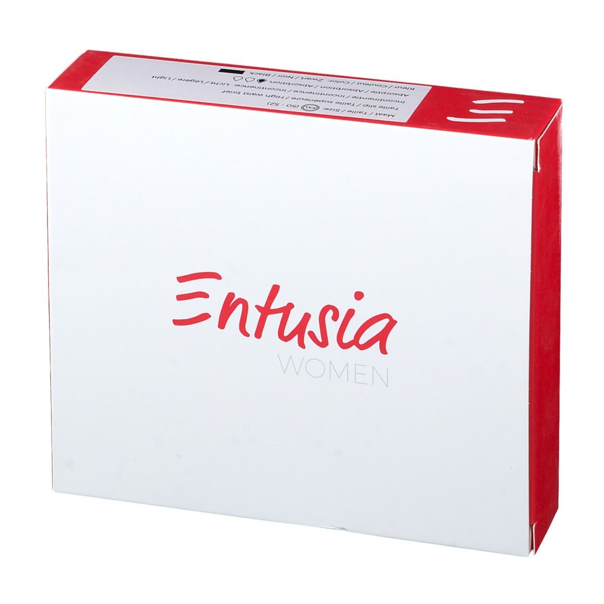 Boîte blanche avec dessus et côtés rouges. "Entusia WOMEN" en rouge sur le devant.